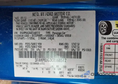 2012 Ford Fusion Sel from USA, damaged, VIN 3FAHP0JG3CR168512